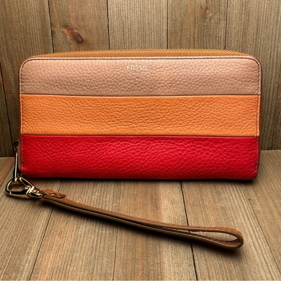 Fossil Wristlet Tan Pink Red Salmon w/ Tons of Card Slots - Picture 1 of 6